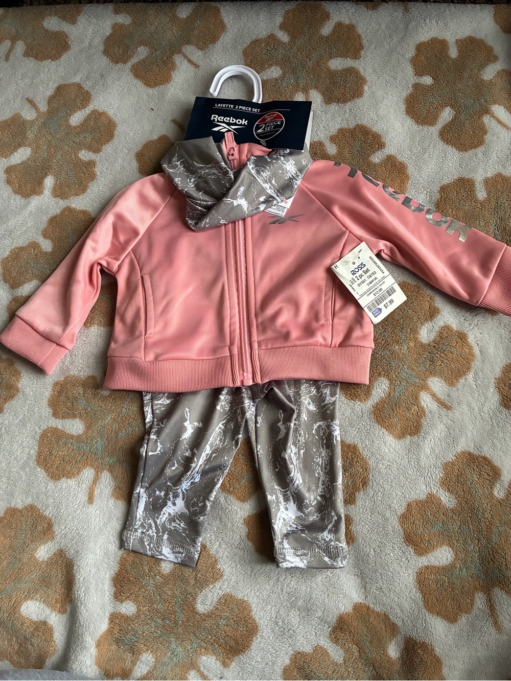 Reebok Pink Hoodie with Taupe Marble Leggings Set + baby clothes bundle